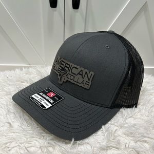 Laser engraved American Blue Collar Richardson 112 trucker hat.